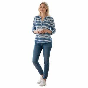 Zac & Rachel Blue Stripe Geometric Long sleeve Blouse Tulip Hem Sz M